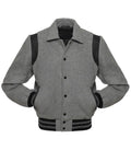 Front view of a heather grey wool varsity jacket featuring a shirt-style collar, black leather shoulder inserts, and black striped ribbed cuffs.