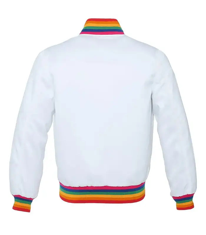 White varsity jacket with rainbow striped collar, cuffs, and hem for custom team or group wear