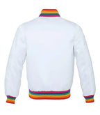 White varsity jacket with rainbow striped collar, cuffs, and hem for custom team or group wear