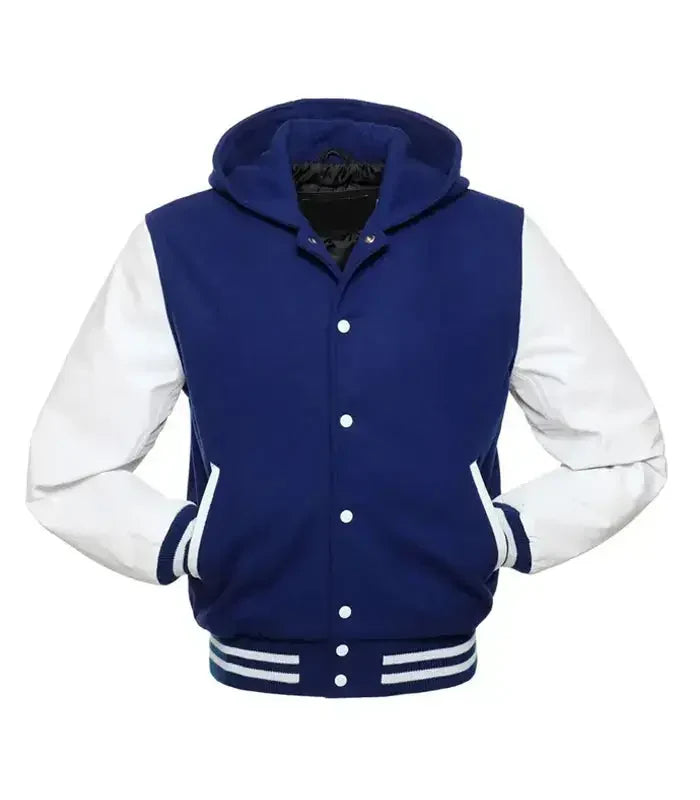 Blue letterman hoodie jacket front view featuring classic baseball jacket design with contrast white sleeves and ribbed cuffs.