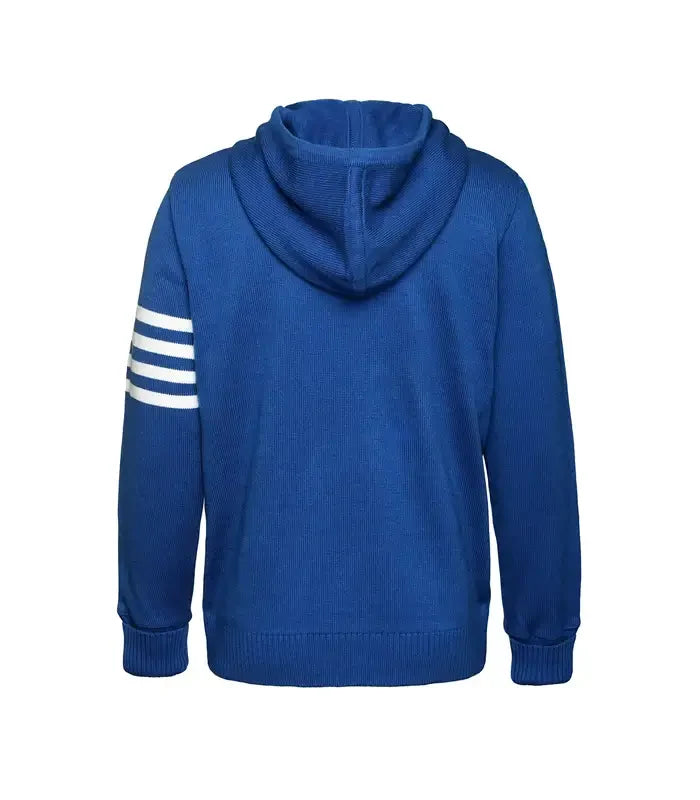 Back view of royal blue and white varsity hoodie sweater with hood and striped sleeve
