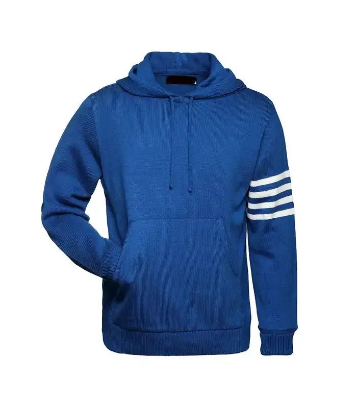 Front view of royal blue and white varsity hoodie sweater with pocket and striped sleeve