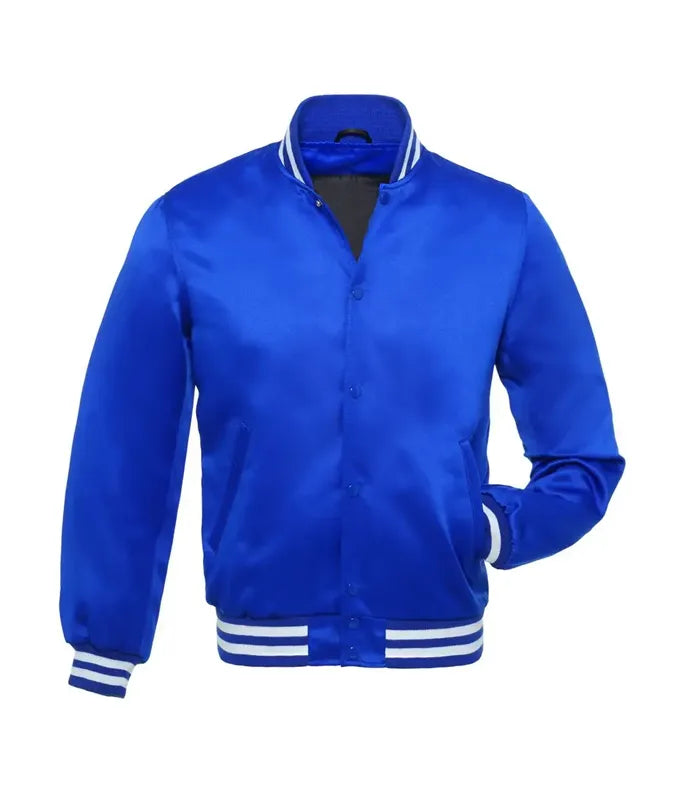 Front view of a royal blue satin varsity jacket with a snap-button closure and white striped ribbed collar, cuffs, and hem.