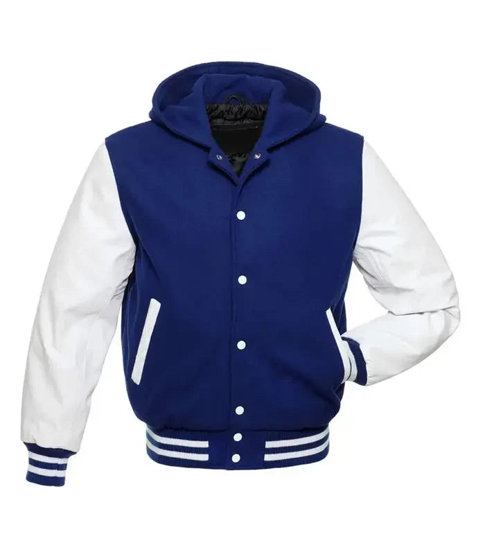 Blue and white hooded varsity jacket front view with snap button closure, letterman style body, and striped ribbed trims.