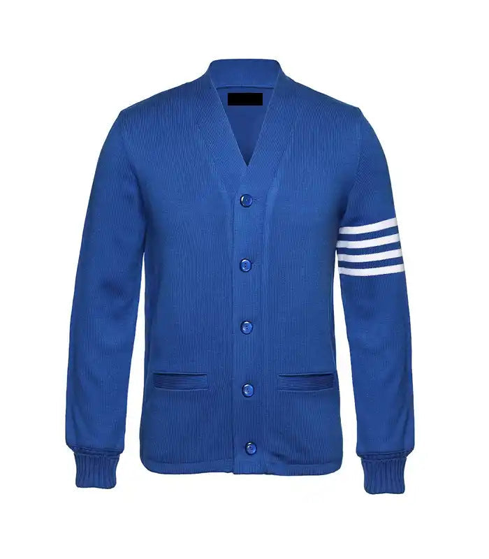 Blue cardigan style jacket front view with button closure, ribbed cuffs, and white striped sleeve detail in a varsity-inspired design.