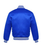 Back view of a plain royal blue satin bomber-style varsity jacket featuring white striped athletic ribbing on the neck and waist.