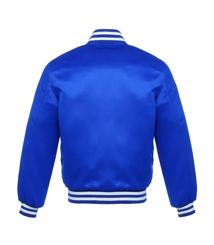 Back view of a plain royal blue satin bomber-style varsity jacket featuring white striped athletic ribbing on the neck and waist.