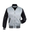 Customizable varsity jacket with gray body, black sleeves, and striped trim for teams or individuals