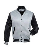 Customizable varsity jacket with gray body, black sleeves, and striped trim for teams or individuals