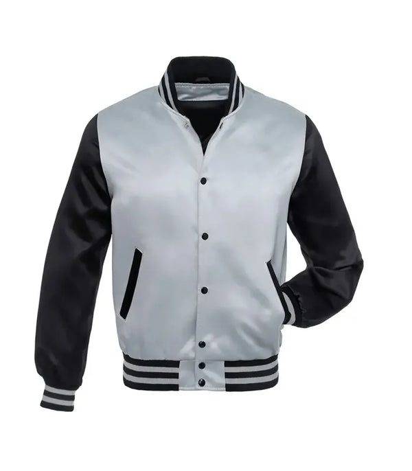 Customizable varsity jacket with gray body, black sleeves, and striped trim for teams or individuals