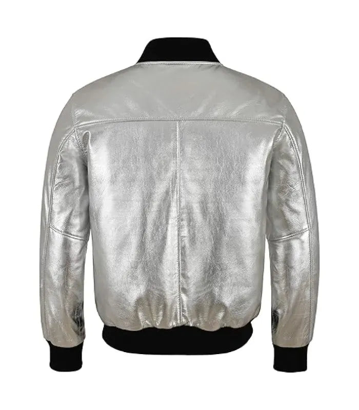 Back view of Silver Leather Bomber Jacket