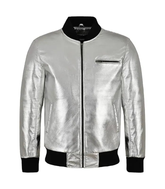 Front view of Silver Leather Bomber Jacket