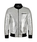 Front view of Silver Leather Bomber Jacket