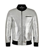 Front view of Silver Leather Bomber Jacket