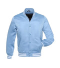 Light blue varsity jacket with white striped cuffs and collar, button-front design