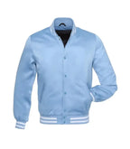 Light blue varsity jacket with white striped cuffs and collar, button-front design