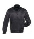 Black varsity jacket with satin finish, button front, ribbed collar and cuffs, customizable for teams or individuals