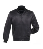 Black varsity jacket with satin finish, button front, ribbed collar and cuffs, customizable for teams or individuals