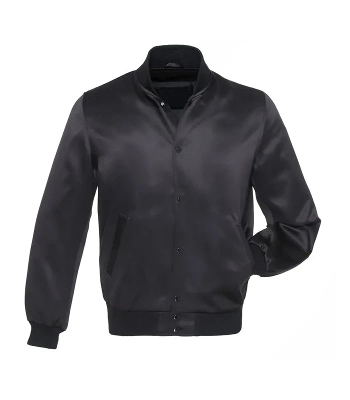 Black varsity jacket with satin finish, button front, ribbed collar and cuffs, customizable for teams or individuals