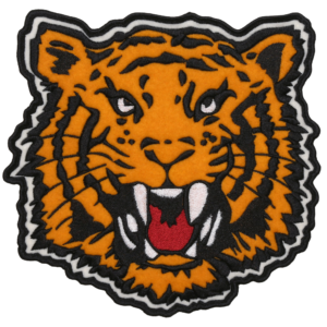 Orange tiger head embroidered patch with black stripes, roaring mouth, sharp white fangs, red tongue, and bold mascot detailing.