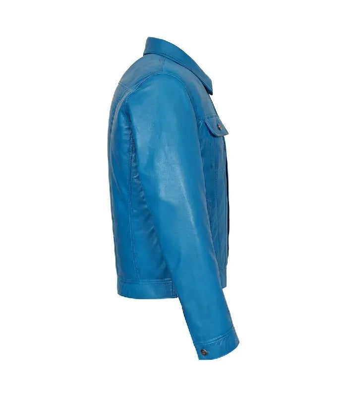 Detail view of Blue Leather Trucker Jacket