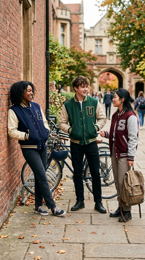Three university students chat on a cobblestone campus path beside a brick wall, each wearing a custom varsity letterman jacket in an autumn collegiate setting.