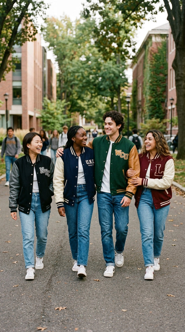 Four college students walk together laughing on a tree-lined campus path, each wearing a different custom varsity letterman jacket.