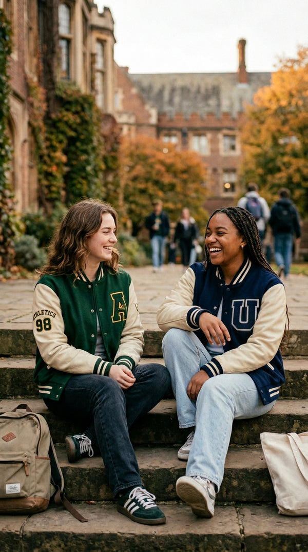 Two female college students sit on stone steps laughing together, wearing custom varsity letterman jackets in front of an ivy-covered university building in autumn.