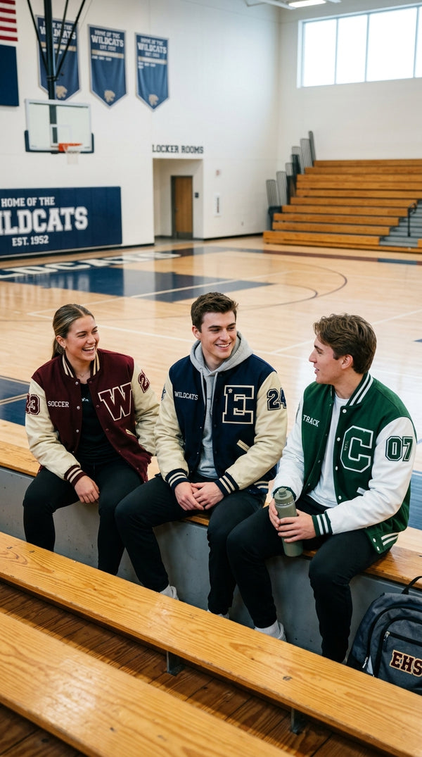 Three high school students sit on gymnasium bleachers wearing custom varsity letterman jackets, with a 'Home of the Wildcats' banner visible in the background.