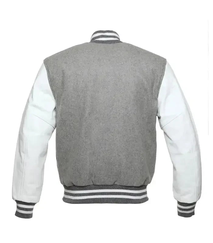 Grey varsity baseball jacket back view with white sleeves and traditional ribbed collar and waistband design.