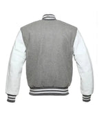 Grey varsity baseball jacket back view with white sleeves and traditional ribbed collar and waistband design.