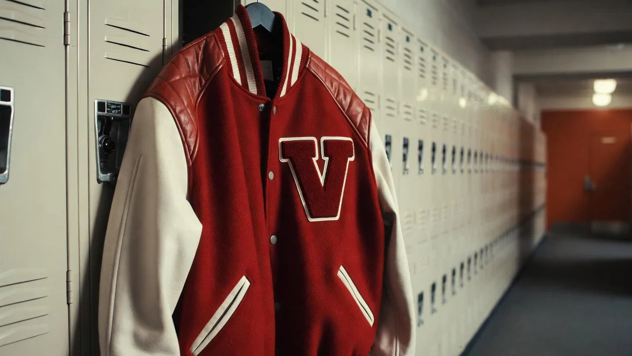 Red varsity jacket with cream sleeves and a chenille “V” hanging on a locker in a school hallway.