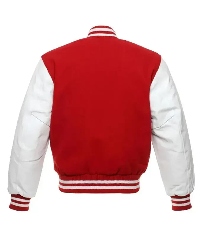 Red varsity baseball jacket back view with contrast white sleeves and traditional striped waistband design.