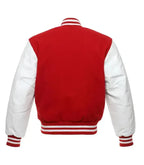 Red varsity baseball jacket back view with contrast white sleeves and traditional striped waistband design.