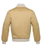 Back view of Vegas Gold Satin Varsity Jacket in Vegas-gold