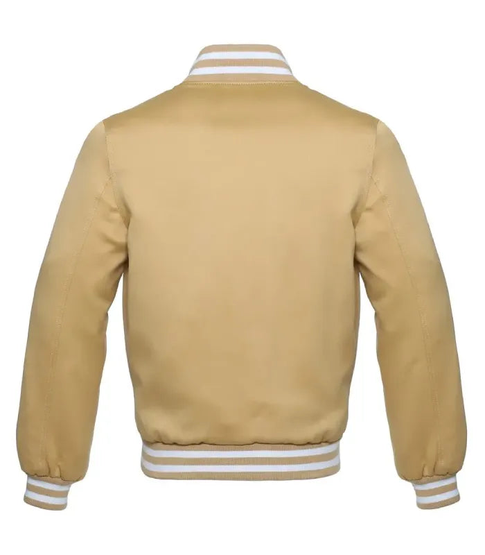 Back view of Vegas Gold Satin Varsity Jacket in Vegas-gold