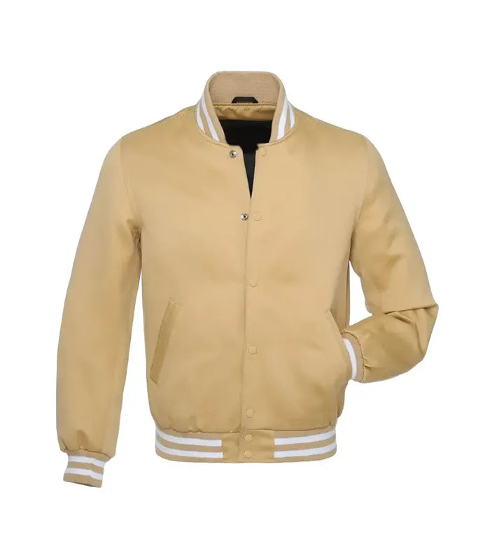 Tan varsity jacket with white striped collar, cuffs, and hem, front button closure, classic letterman style