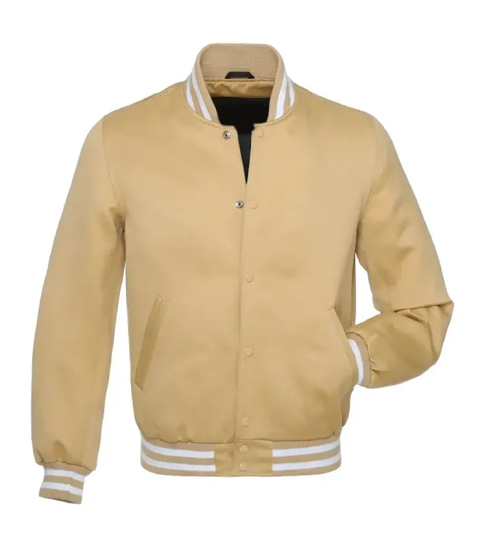 Front view of Vegas Gold Satin Varsity Jacket in Vegas-gold