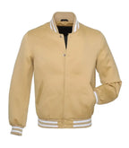 Front view of Vegas Gold Satin Varsity Jacket in Vegas-gold