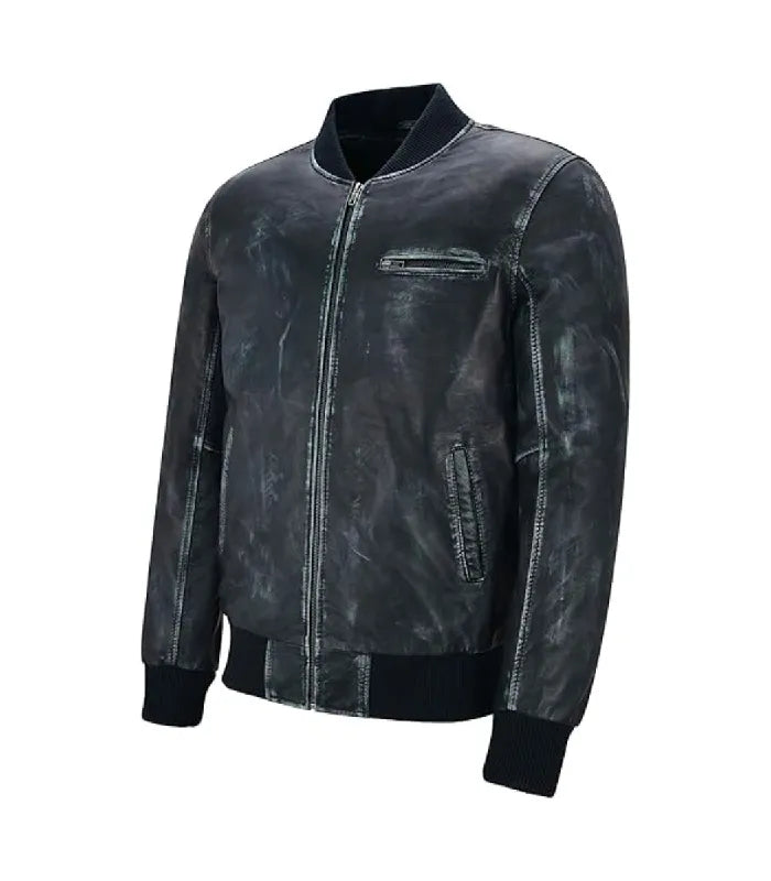 Side view of Vintage Navy Leather Bomber Jacket