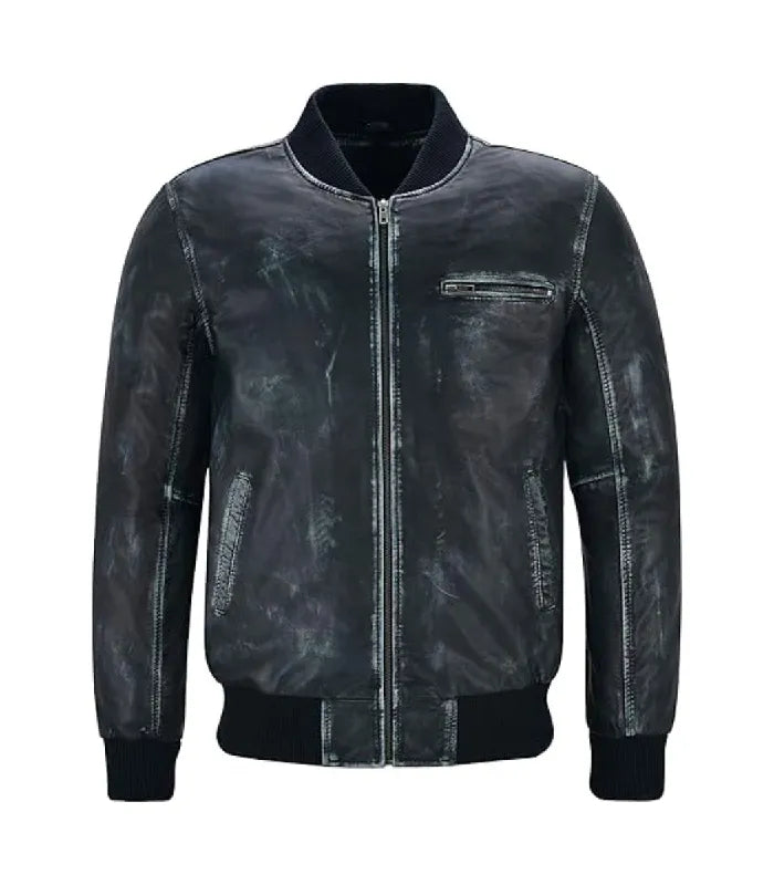 Front view of Vintage Navy Leather Bomber Jacket