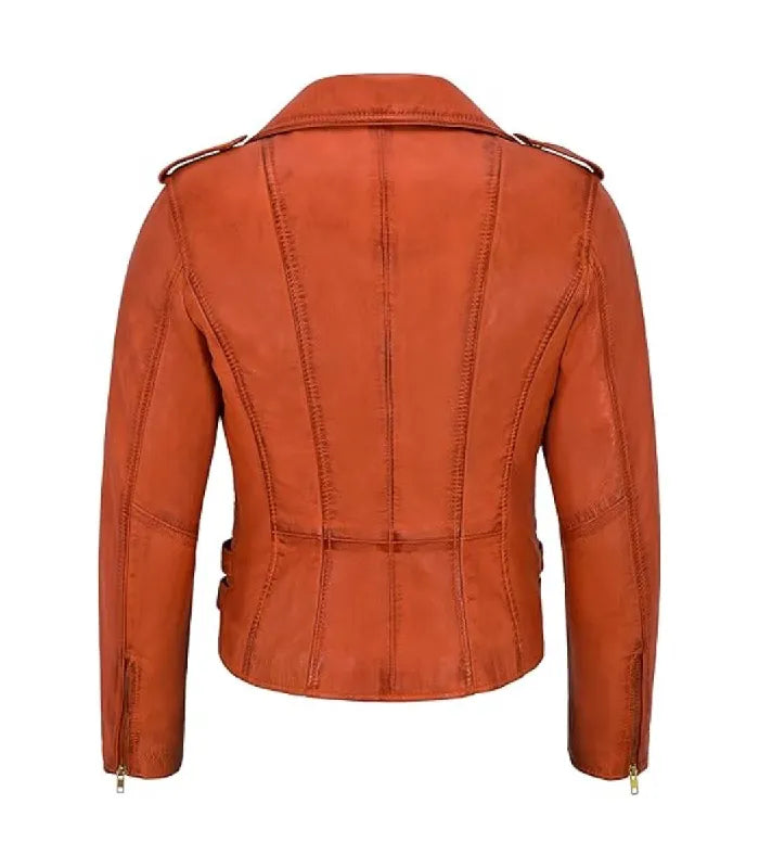 Back view of Women's's Vintage Orange Leather Biker Jacket