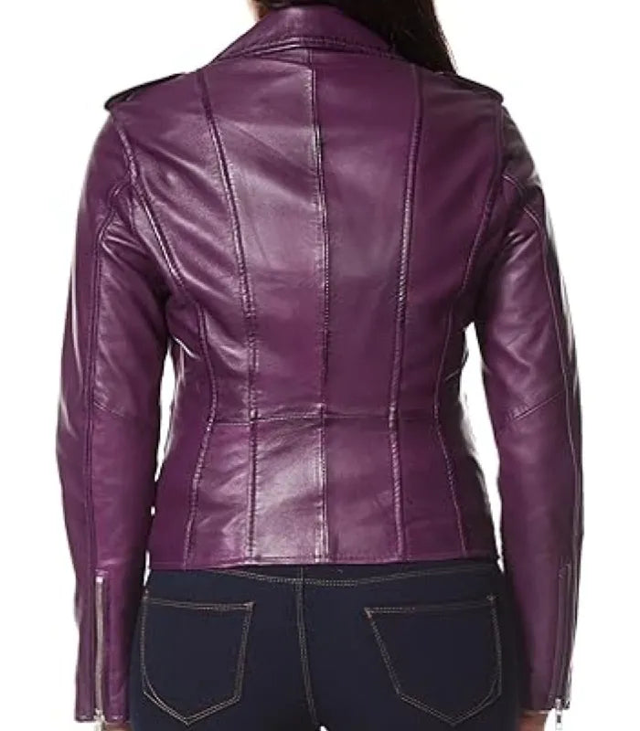 Back view of Women's's Vintage Purple Leather Biker Jacket