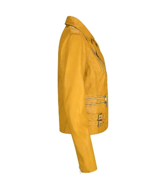 Side view of Women's's Vintage Yellow Leather Biker Jacket