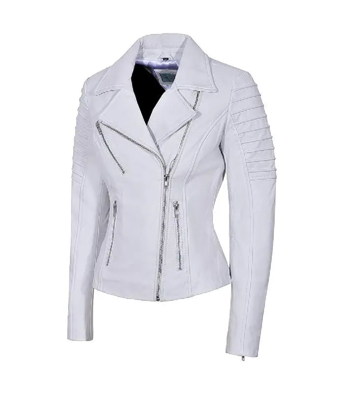 Back view of White Leather Biker Jacket