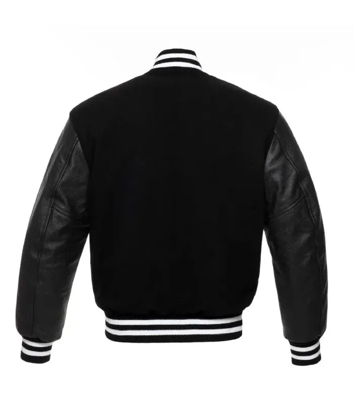 Back view of White Knit Trim Black Varsity Jacket