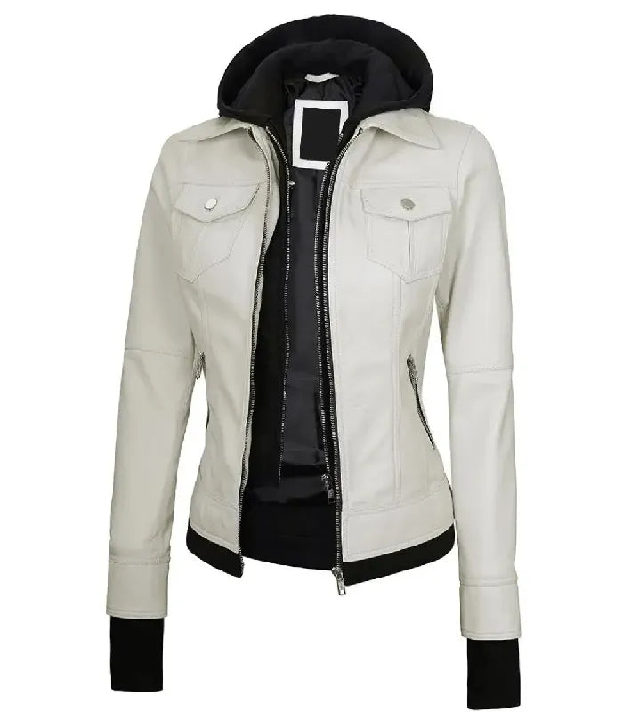 Side view of Women's's White Hooded Leather Bomber Jacket