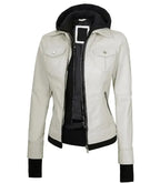 Side view of Women's's White Hooded Leather Bomber Jacket