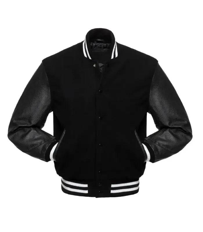 Side view of White Knit Trim Black Varsity Jacket