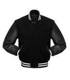 Side view of White Knit Trim Black Varsity Jacket